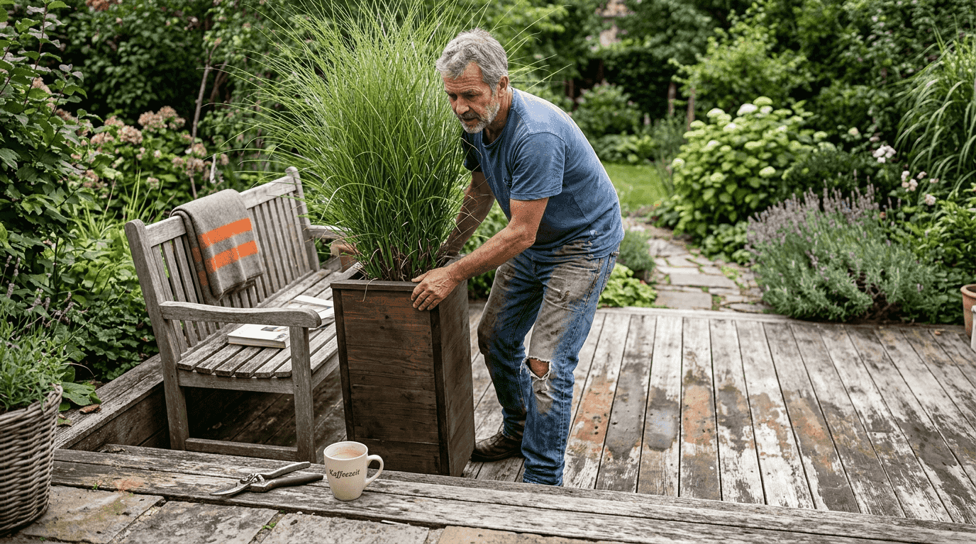 Ein Mann stellt einen windgeschützten Pflanzkübel neben die Sitzbank.