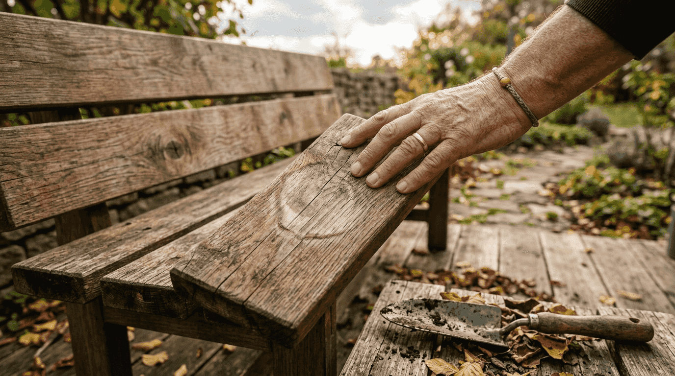 Nahaufnahme einer Bank aus Robinienholz mit charaktervollen, wettergegerbten Spuren