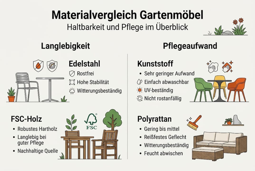 Übersicht: Lebensdauer und richtige Pflege von Gartenmöbeln