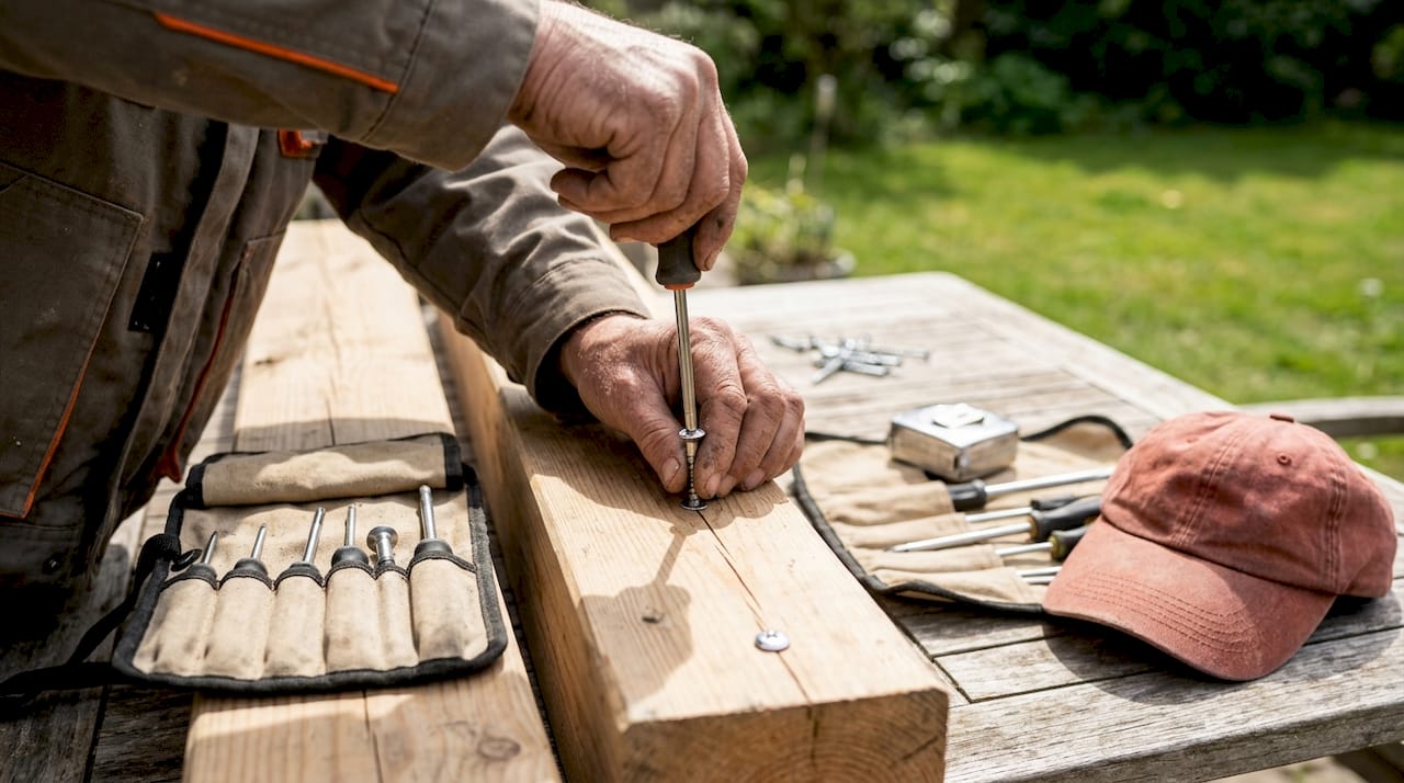 Ein Handwerker befestigt Edelstahlverschraubungen an Holzbalken.
