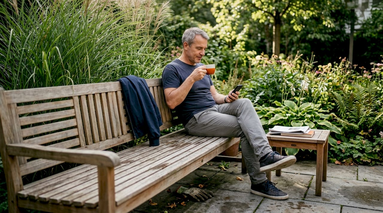 Ein Mann genießt eine entspannte Auszeit auf einer Teakbank in seinem stilvoll gestalteten Garten.