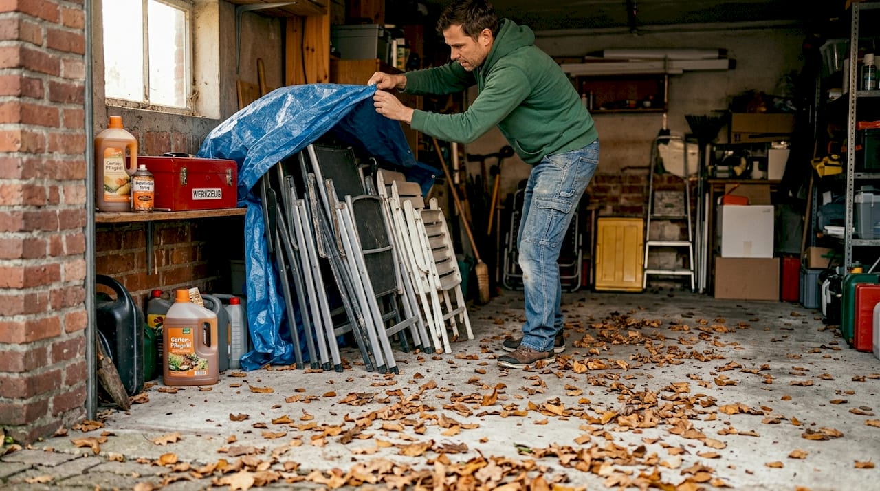 Ein Mann räumt seine Gartenmöbel für den Winter weg.
