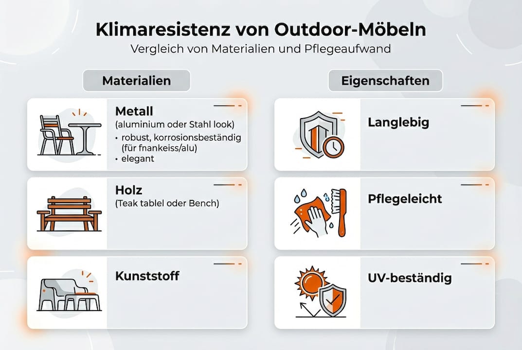 Infografik: Materialien und Eigenschaften von Gartenmöbeln im Überblick