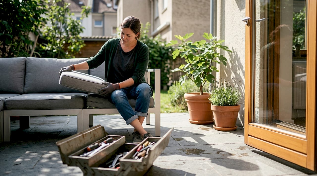 Eine Frau stellt das Modul ihres Aluminium-Gartensofas um.