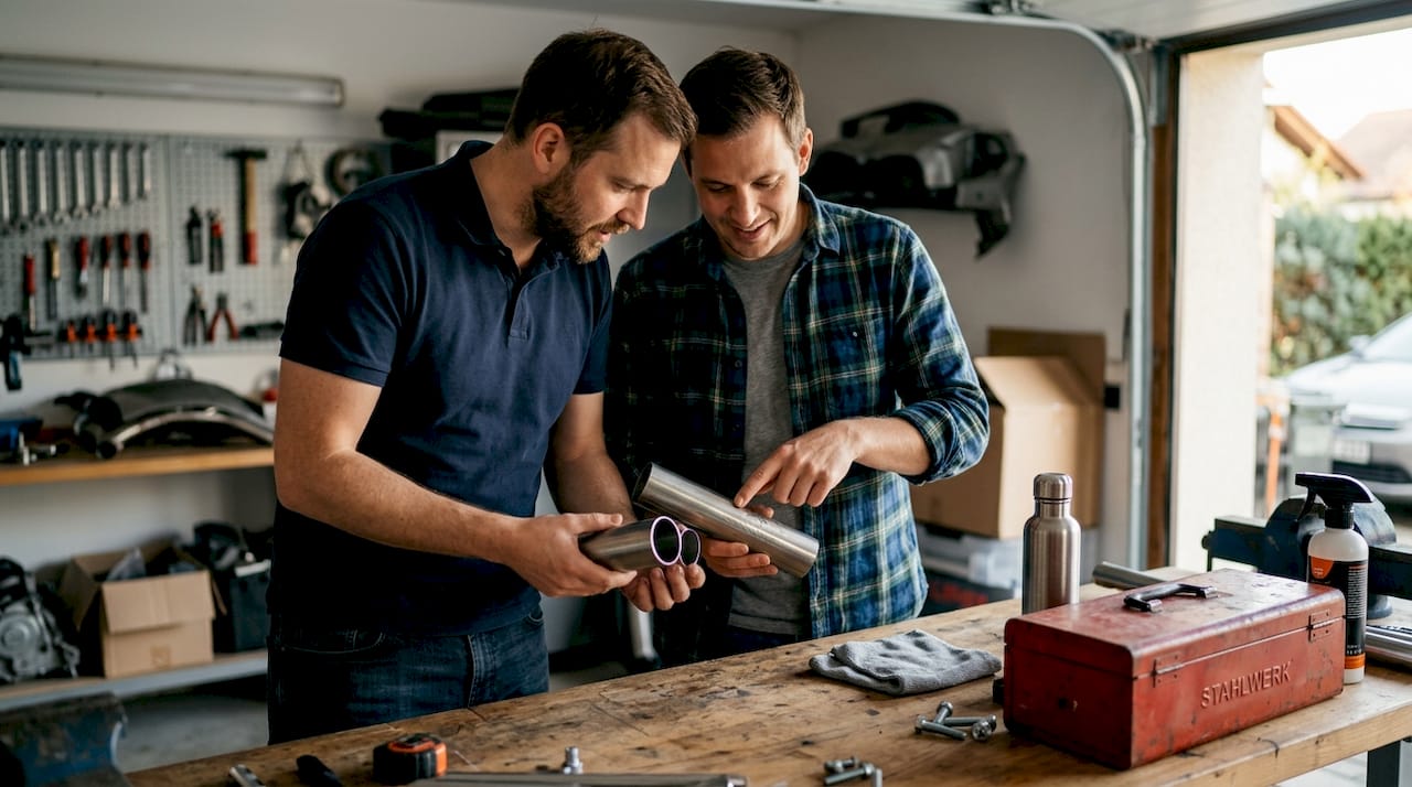 Im Workshop begutachten zwei Männer gemeinsam verschiedene Edelstahlrohre und tauschen sich über deren Eigenschaften aus.