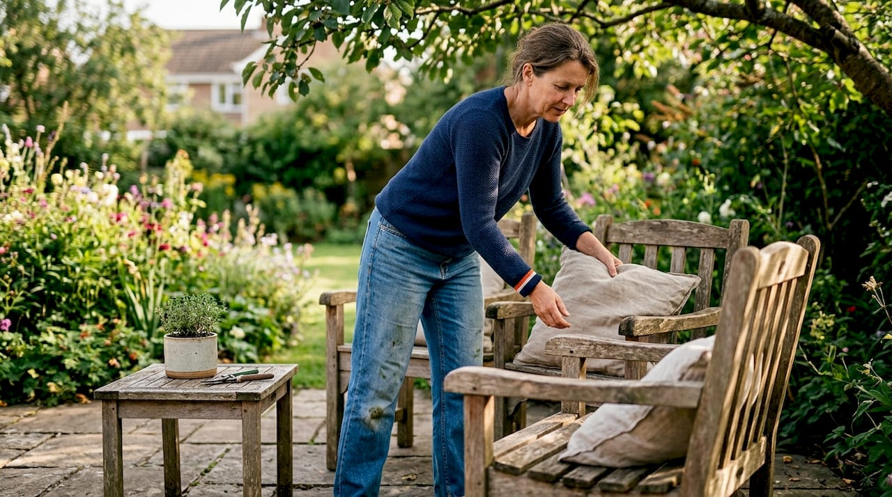 Eine Frau stellt individuell angefertigte Gartenstühle aus Holz im Garten auf.