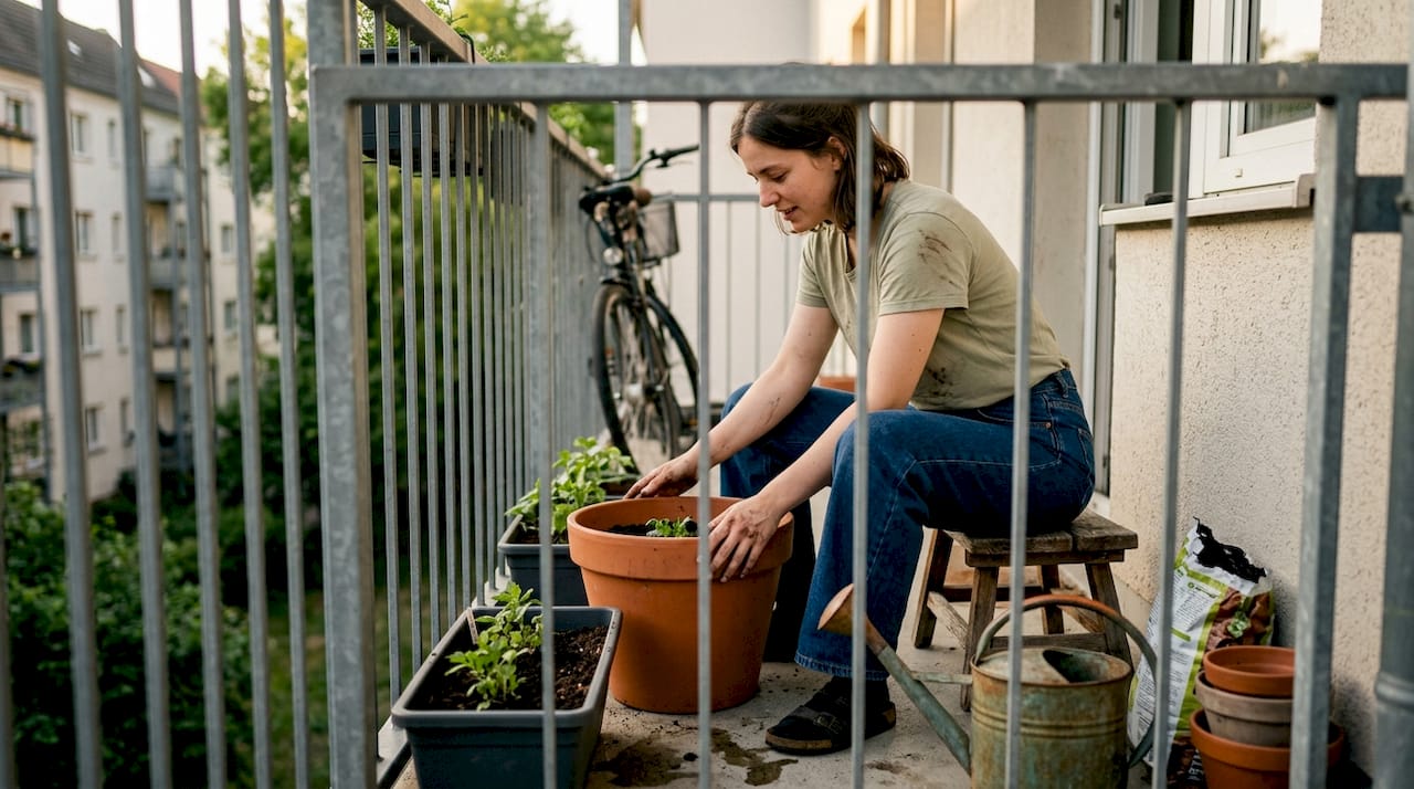 Auf dem Stadtbalkon sorgen Töpfe und Kübel in unterschiedlichen Größen für ein abwechslungsreiches Bild.