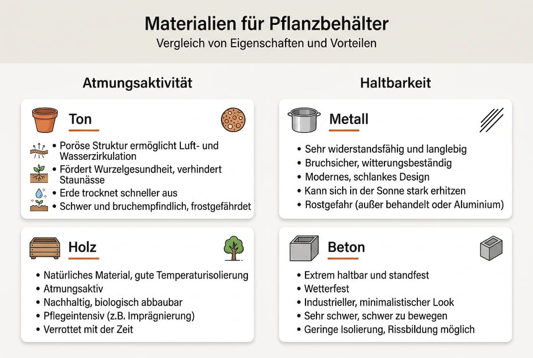 Infografik: Eigenschaften verschiedener Materialien für Pflanzgefäße im Vergleich