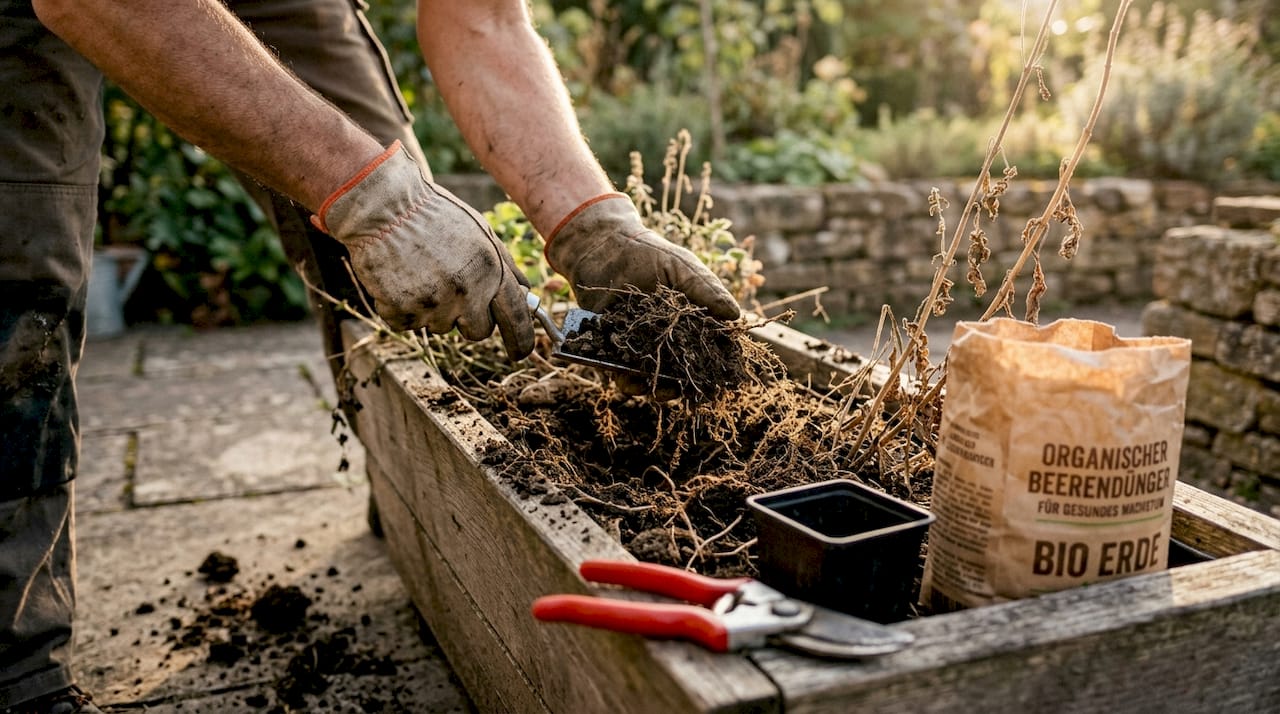Mit den Händen wird die gebrauchte Blumenerde im Pflanzkübel auf ihre Qualität überprüft.