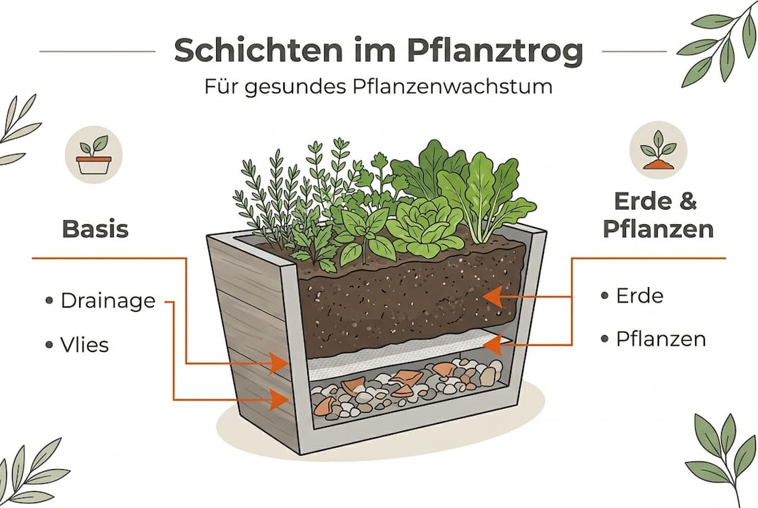 Übersichtsgrafik: So schichtest du deinen Pflanztrog – die wichtigsten Begriffe auf einen Blick