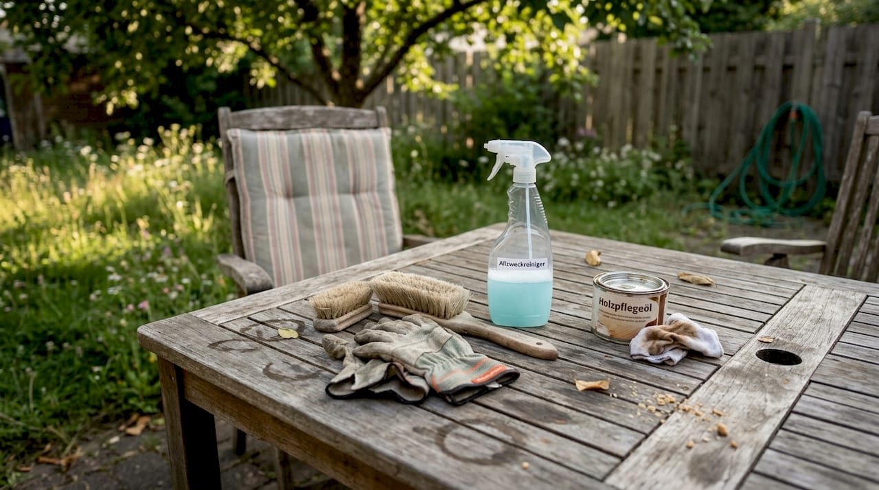 Auf dem Gartentisch stehen verschiedene Putzmittel und Reinigungsutensilien bereit.