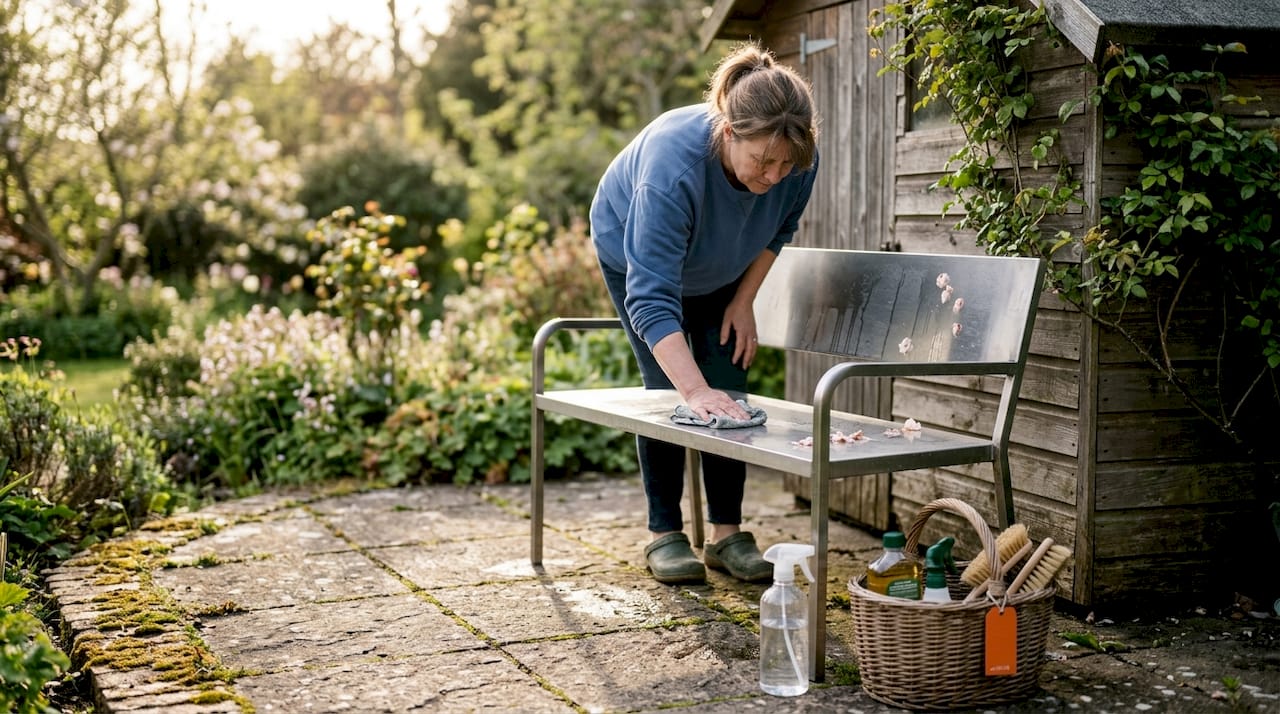 Eine Frau reinigt ihre Gartenmöbel sorgfältig mit einem Tuch.