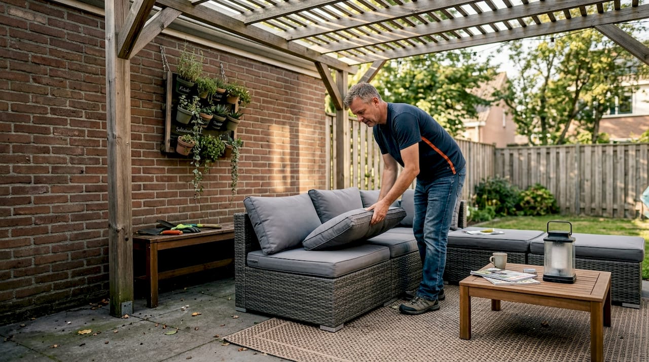 Unter der Pergola wird eine modulare Lounge-Ecke eingerichtet.