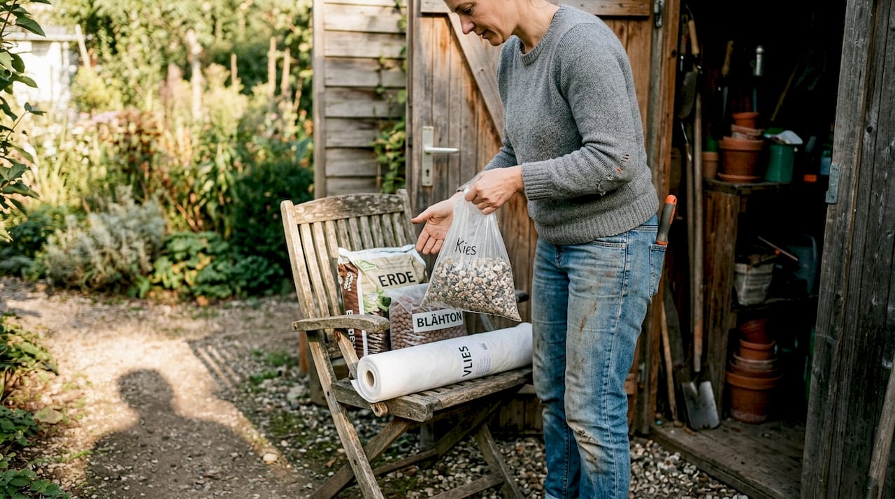 Eine Frau begutachtet draußen verschiedene Materialien für Pflanzkübel.