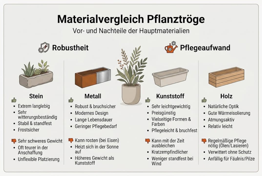 Übersicht: Verschiedene Materialien für Pflanzkübel im Vergleich – Infografik