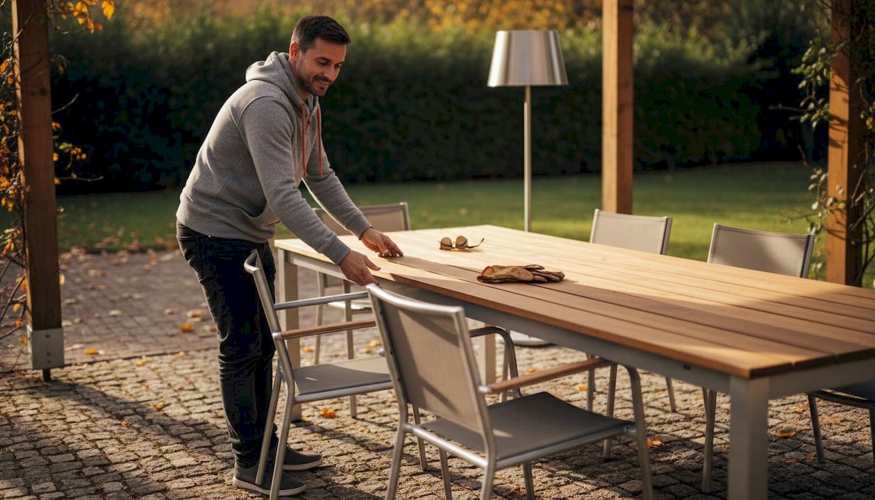 Ein Aluminiumstuhl wird im Garten aufgestellt.