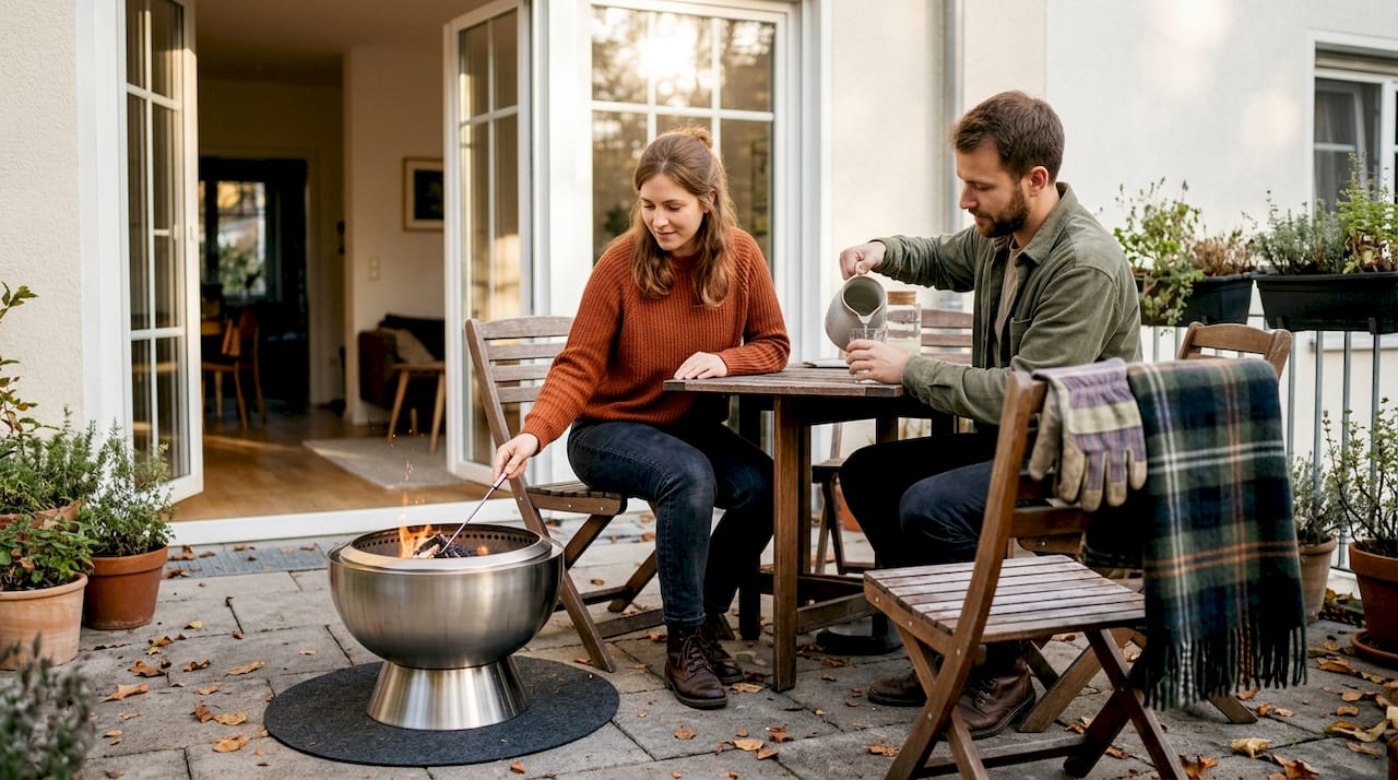 Edelstahl-Feuerschale als Highlight auf der Terrasse