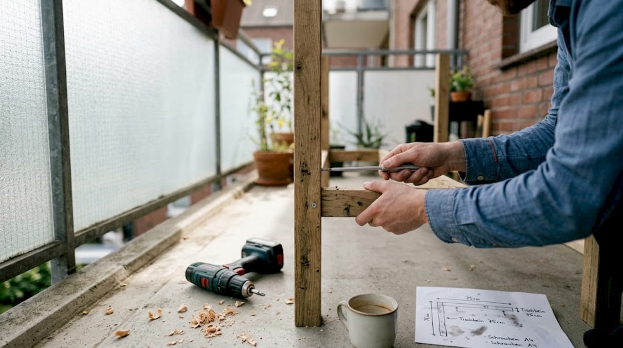 Mit den Händen wird eine Edelstahlschraube in den Holztisch gedreht.