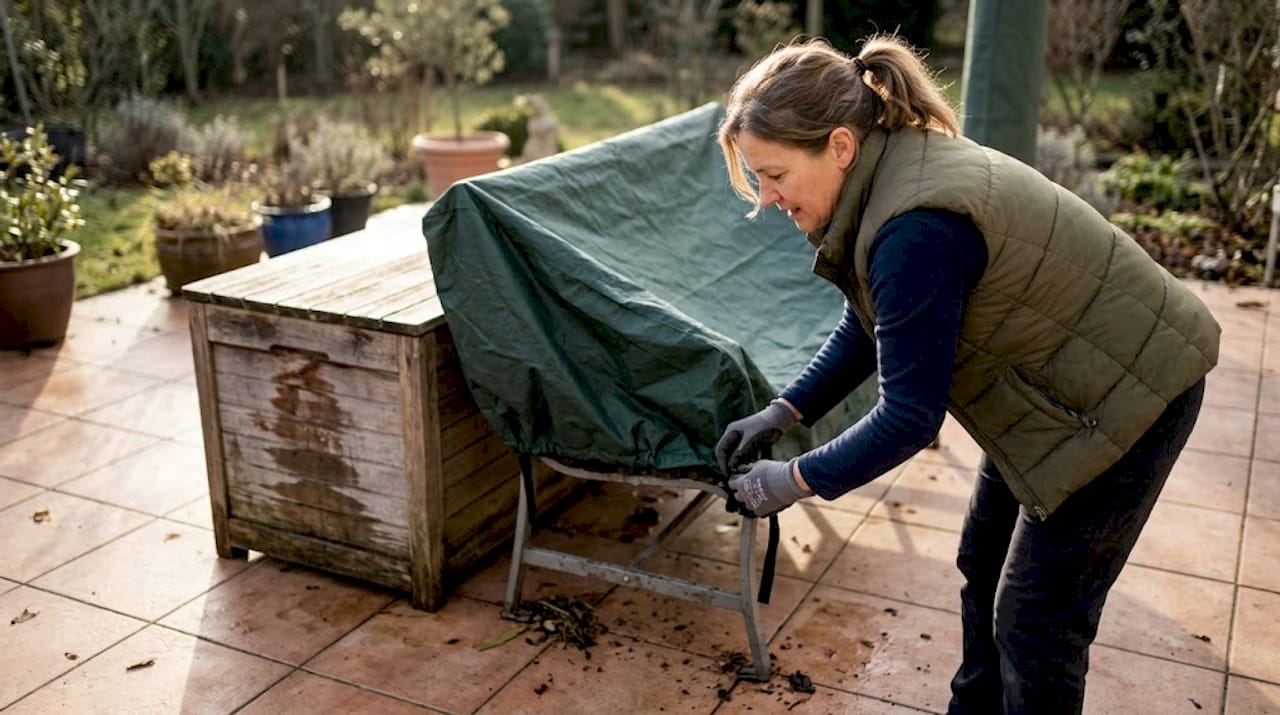 Eine Frau deckt ihre Gartenbank ab, um sie vor winterlicher Witterung zu schützen.