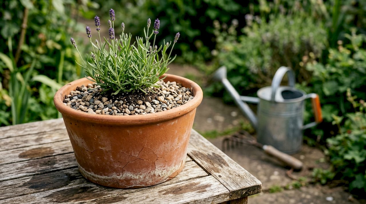 Ein Terrakottatopf mit duftendem Lavendel als Blickfang im naturnah gestalteten Garten