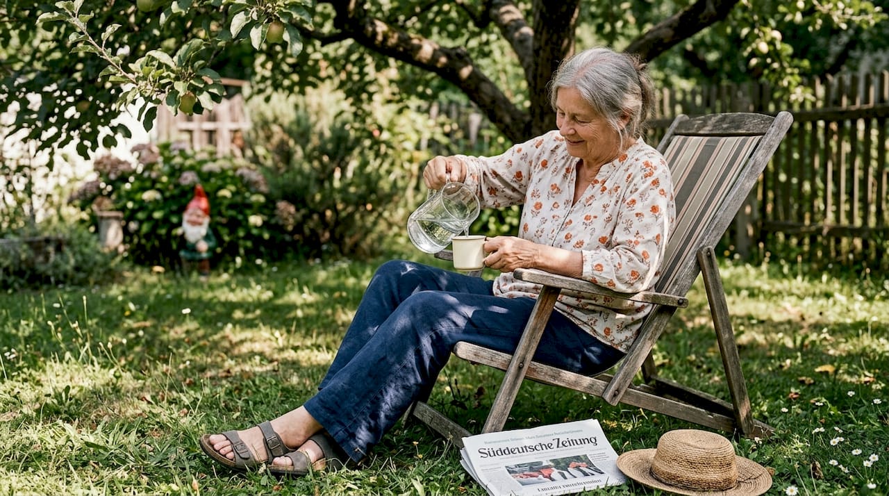 Eine ältere Dame genießt entspannt ihren Garten in einem bequemen, ergonomischen Loungesessel.