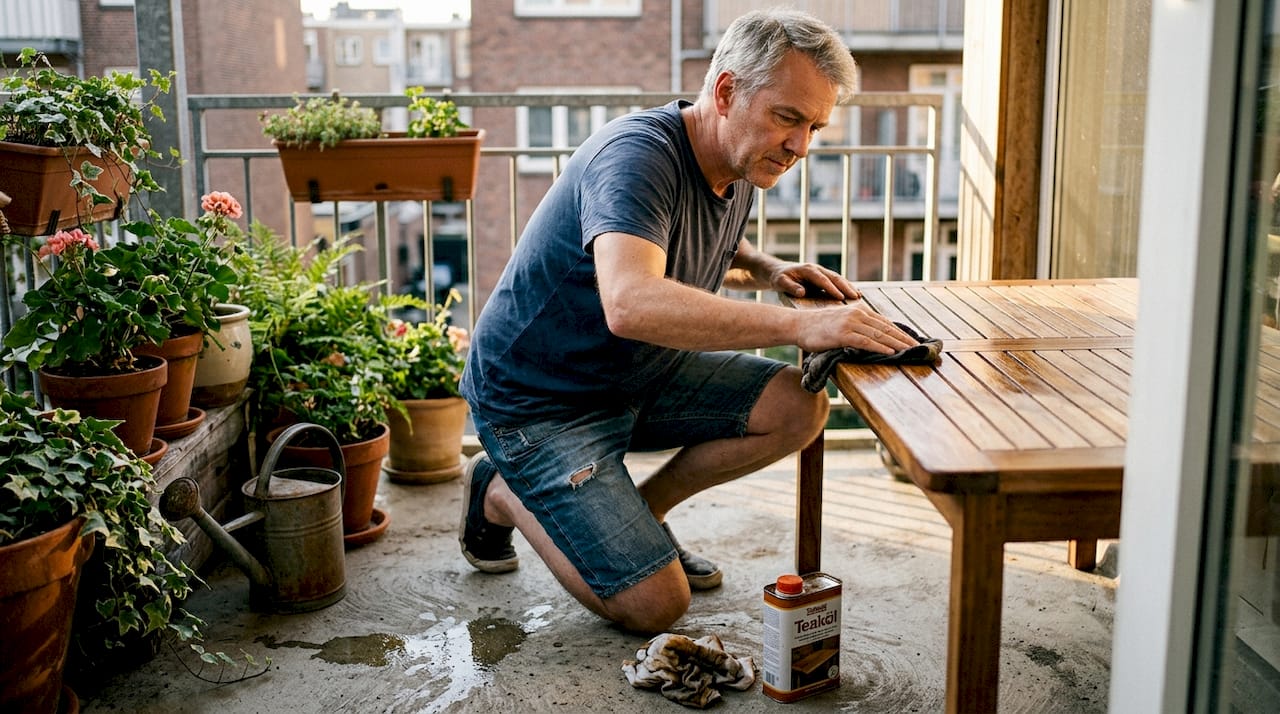 Auf dem Balkon wird das Teakholz-Mobiliar sorgfältig gepflegt – Öl und Bürste liegen bereit, während die Sonne durch die Blätter scheint und alles in eine gemütliche Atmosphäre taucht.