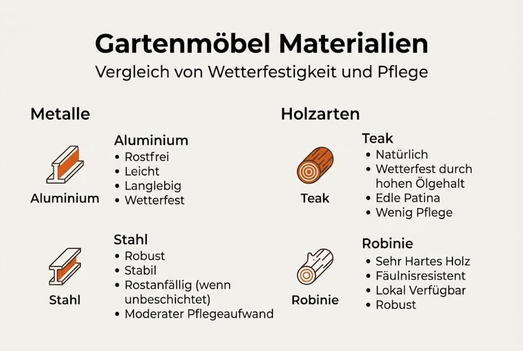 Übersicht: Materialien für Gartenmöbel und ihre Eigenschaften auf einen Blick