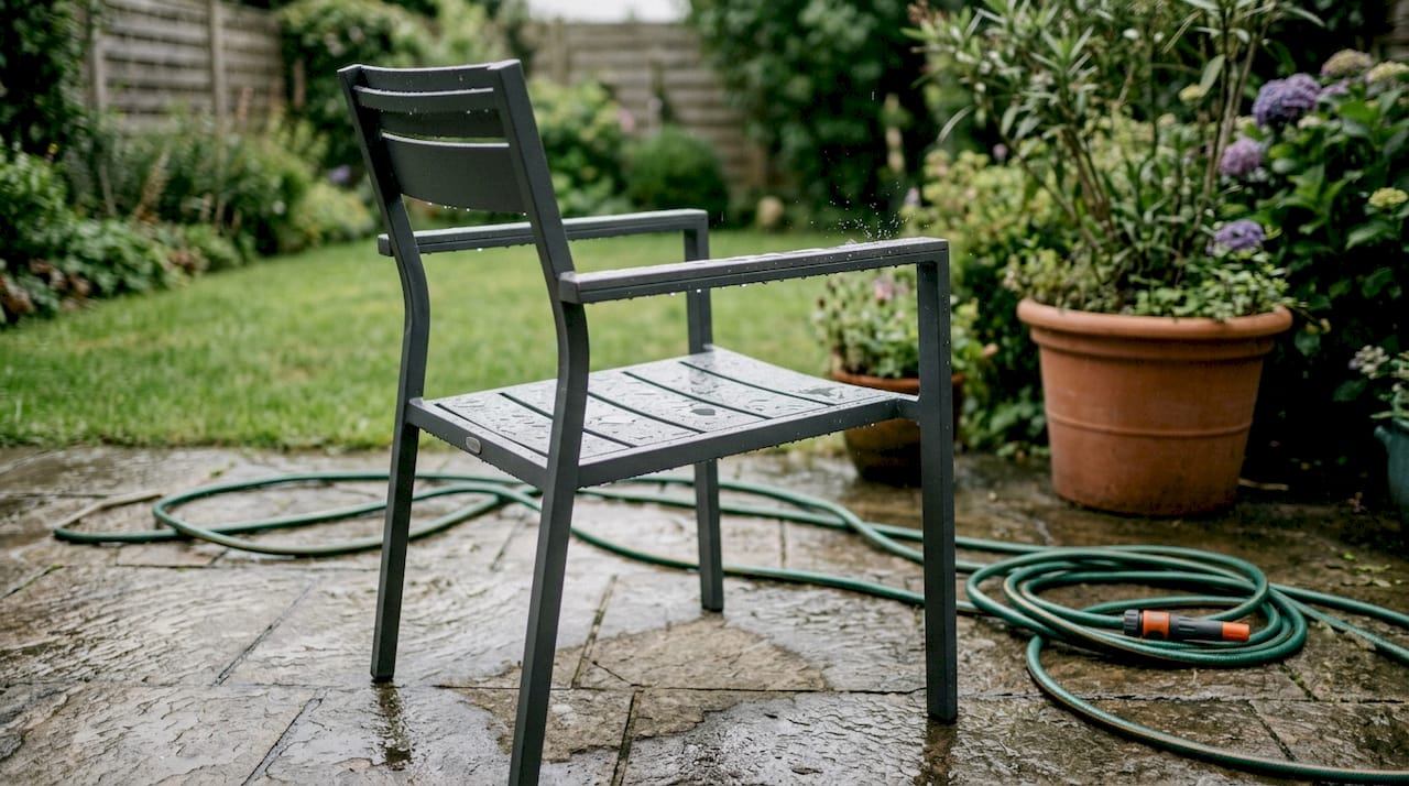 Ein Aluminiumstuhl steht im Garten, übersät mit glitzernden Regentropfen.
