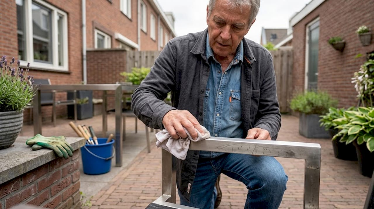 Ein Mann reinigt einen Edelstahlstuhl im Innenhof.