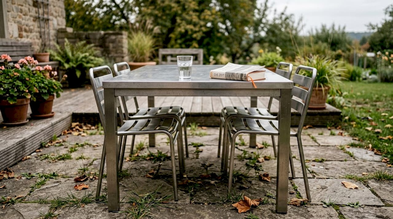 Gartentisch-Set aus Edelstahl mit passenden Stühlen – ideal für draußen