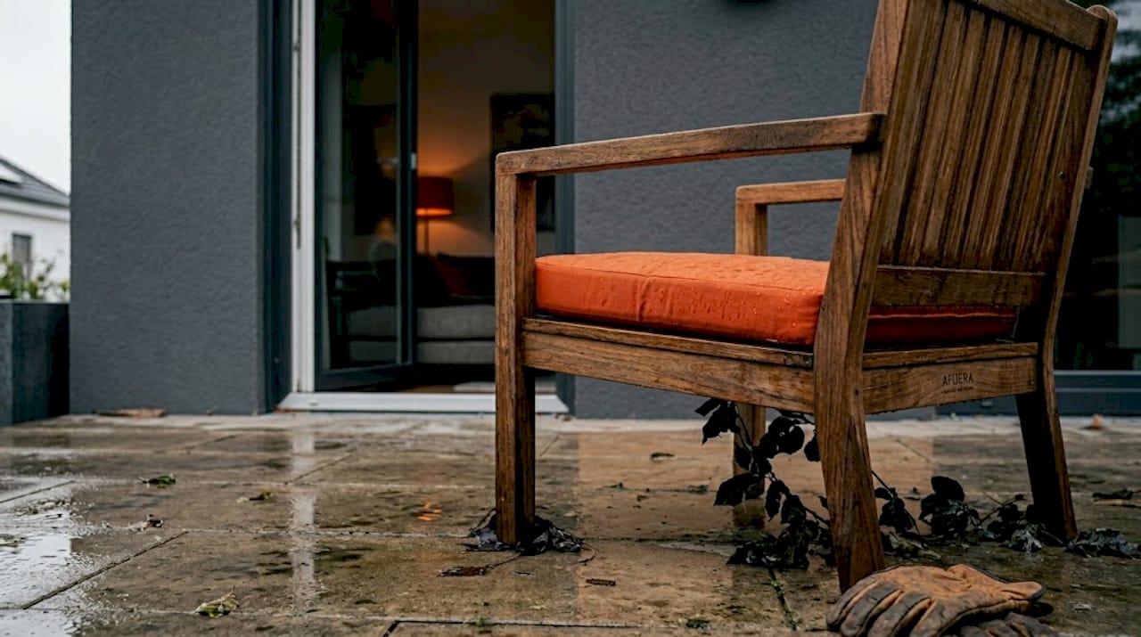 Teakholzstuhl nach einem Regenschauer im Freien
