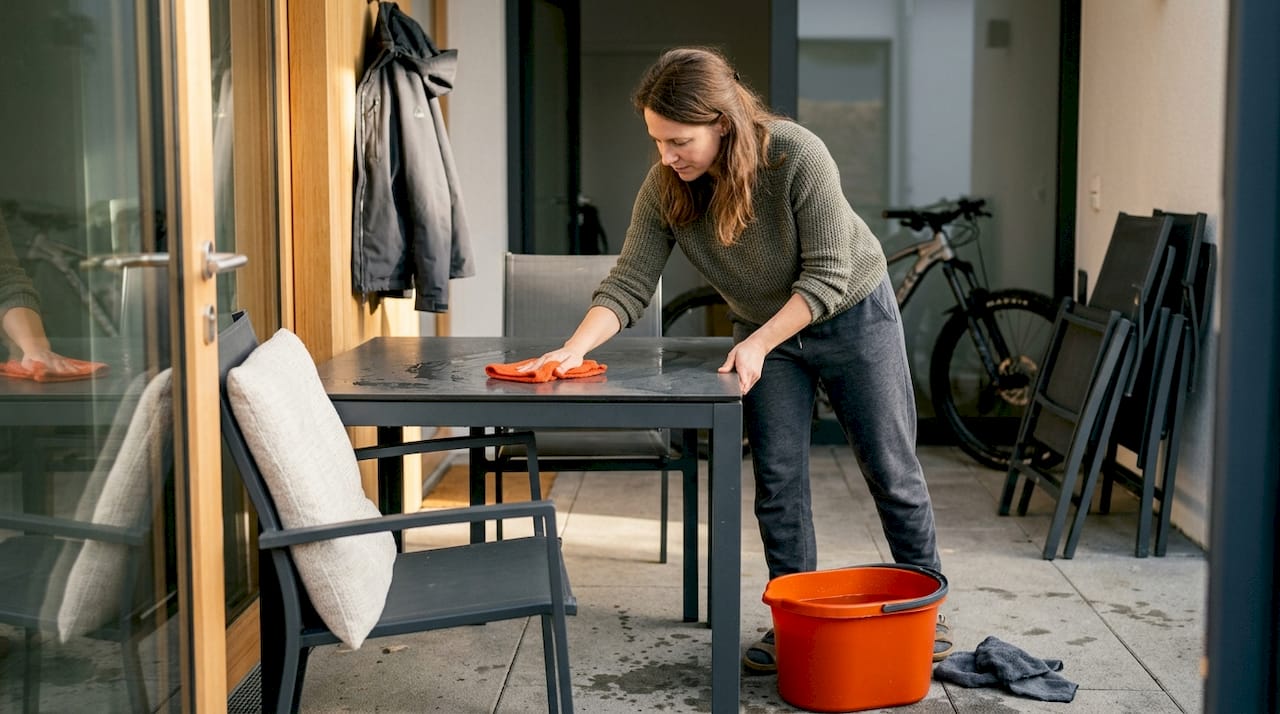 Eine Frau säubert einen Metalltisch, bevor dieser eingelagert wird.