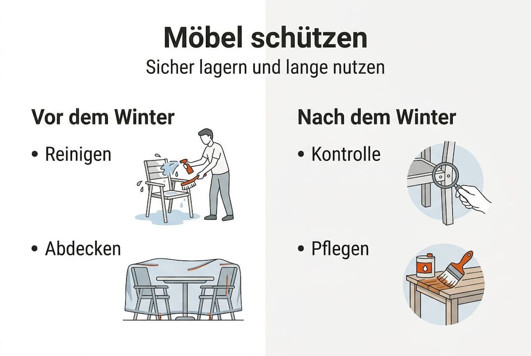 Die Infografik veranschaulicht die einzelnen Schritte, wie Möbel richtig eingelagert werden.