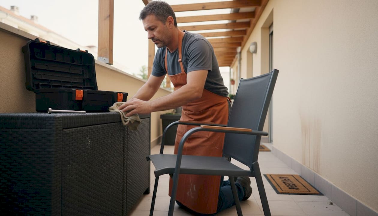 Ein Mann putzt einen Aluminiumstuhl auf seinem kleinen Balkon.