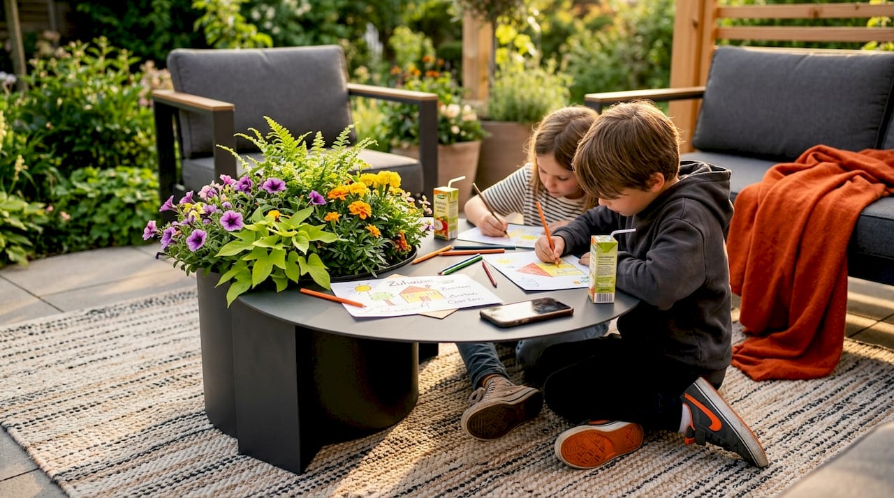 Auf der Terrasse wird der vielseitige Beistelltisch von den Kindern begeistert genutzt.