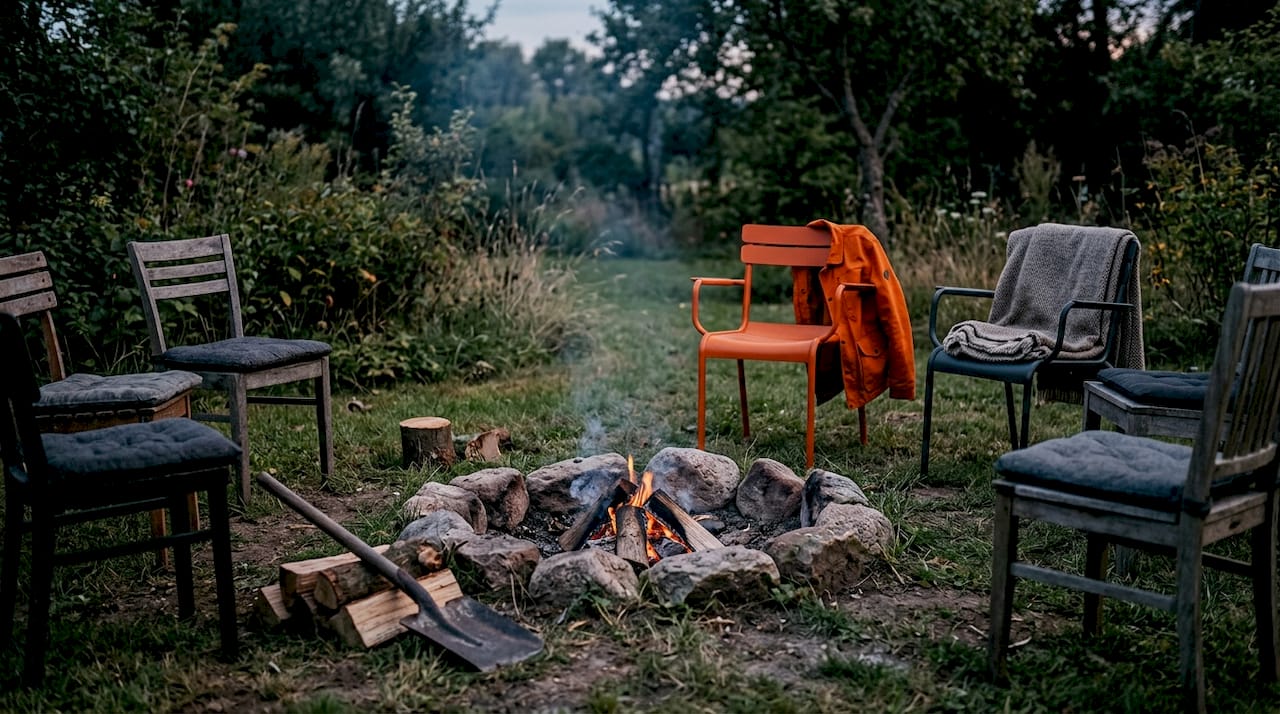 Eine gemütliche Feuerstelle aus Naturstein, die harmonisch in den Garten integriert ist, sorgt für rustikales Flair und lädt zu entspannten Abenden im Freien ein.