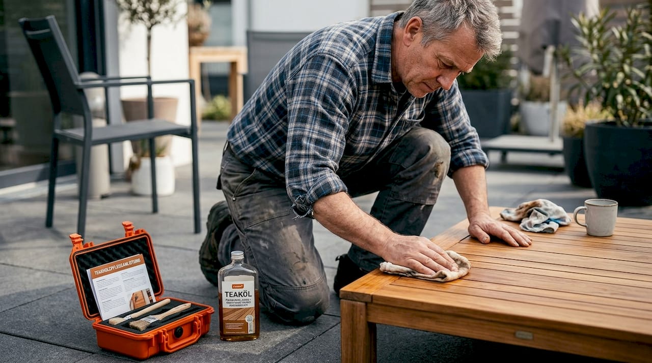 Der Teakholz-Gartentisch wird draußen frisch geölt.