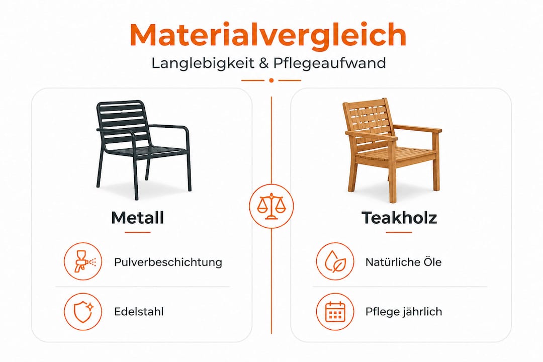 Die Infografik veranschaulicht die Unterschiede zwischen Metall und Teakholz im direkten Vergleich.