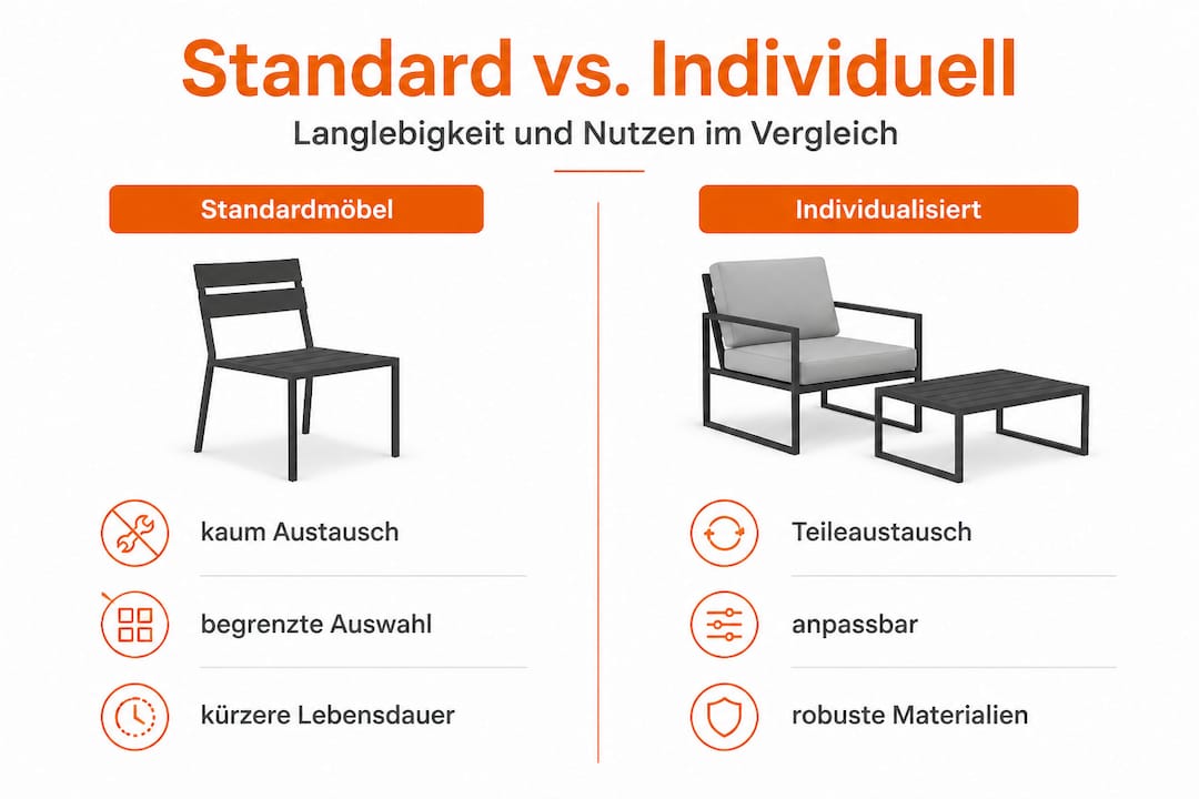 Die Infografik zeigt einen übersichtlichen Vergleich zwischen klassischen Serienmöbeln und maßgefertigten Einzelstücken.