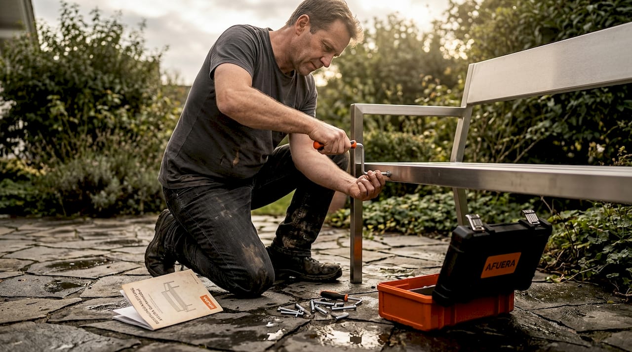 Ein Mann bringt im Garten seine wetterfesten Gartenmöbel wieder auf Vordermann.