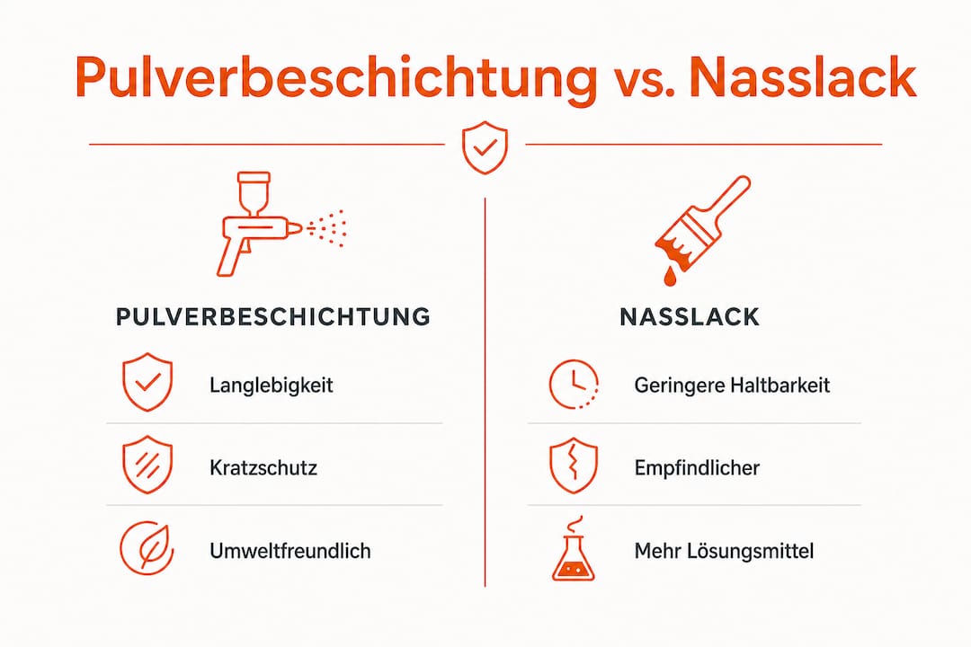 Infografik: Pulverbeschichtung vs. Nasslack – ein direkter Vergleich