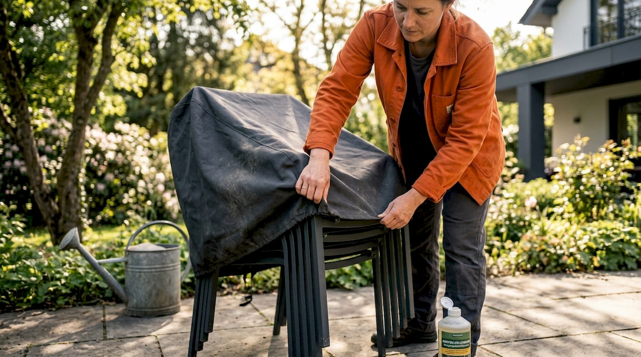 Eine Frau schützt ihre Gartenmöbel mit einer Abdeckung vor Wind und Wetter.