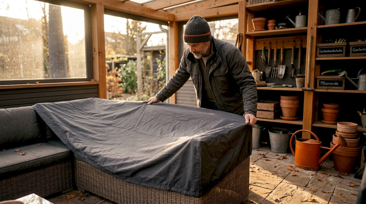 Ein Mann deckt seine Gartensofa im Carport ab, damit es gut durch den Winter kommt.
