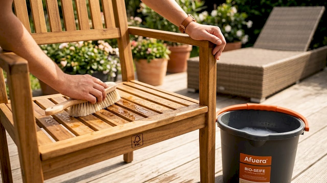 Hochwertiger Gartenstuhl aus FSC-zertifiziertem Holz – sauber verarbeitet und angenehm für die Hände.