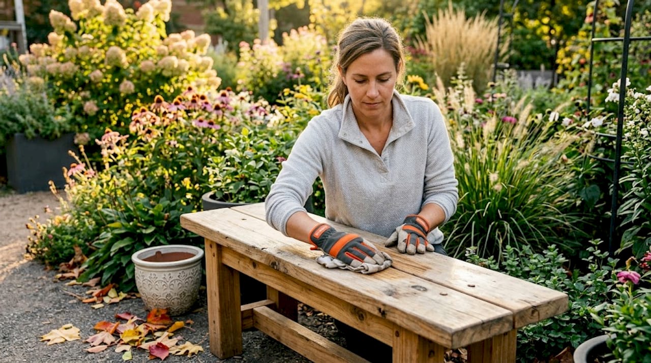 Eine Frau pflegt ihre Gartenbank aus Massivholz und sorgt dafür, dass sie wieder wie neu aussieht.