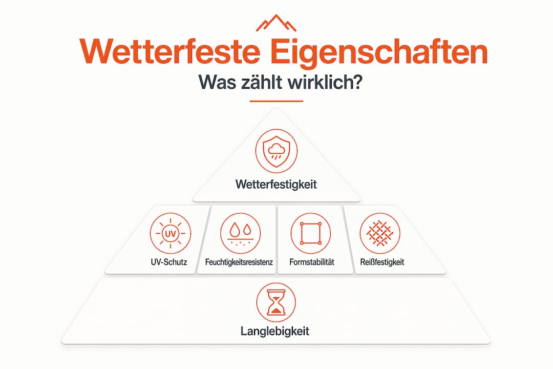 Die Infografik stellt die wichtigsten Eigenschaften wetterbeständiger Materialien übersichtlich dar.