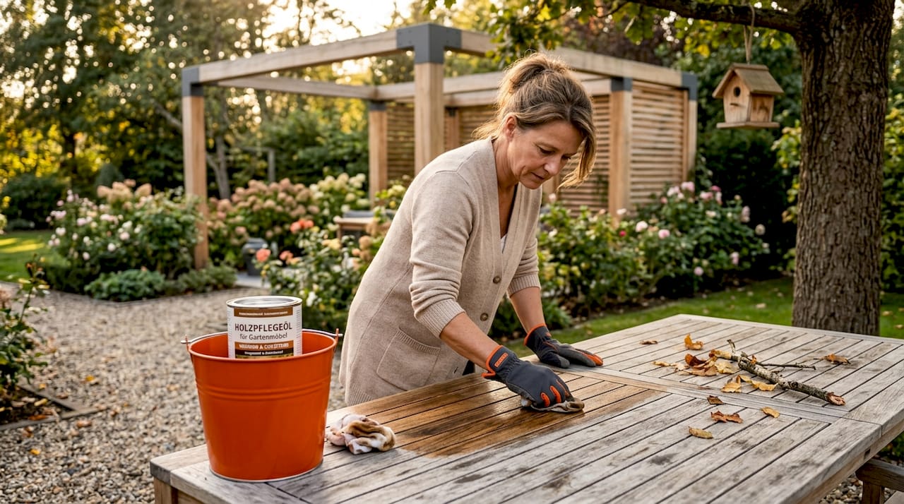 Eine Frau ölt ihren Teaktisch auf der Terrasse, um das Holz vor Wind und Wetter zu schützen.