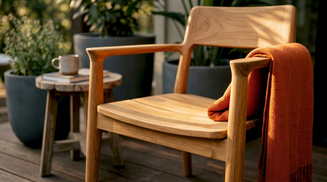 Nahaufnahme der Oberfläche eines Gartenstuhls aus Teakholz