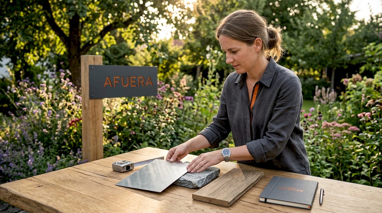 Eine Frau begutachtet im Innenraum verschiedene Muster von Outdoor-Materialien.