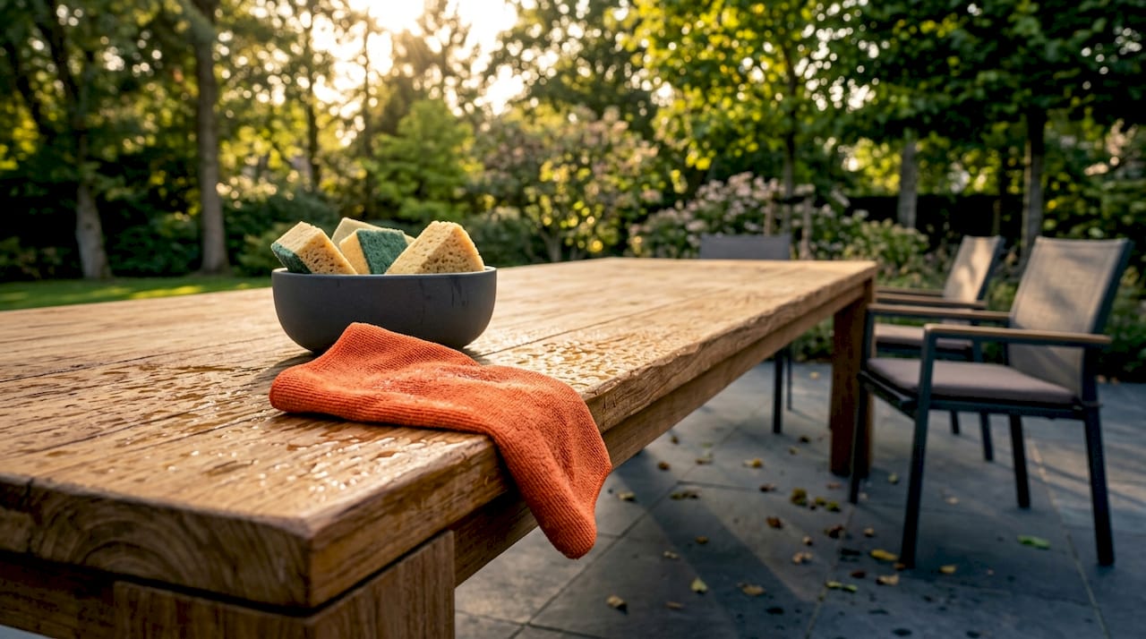 Der nasse Holztisch wird draußen auf der Terrasse zum Trocknen aufgestellt.